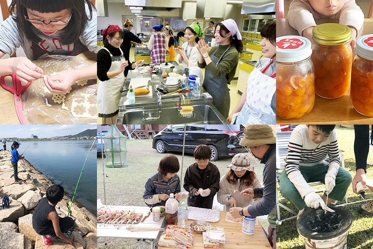 料育のイベントで楽しむ人達や料理をする子供達の写真